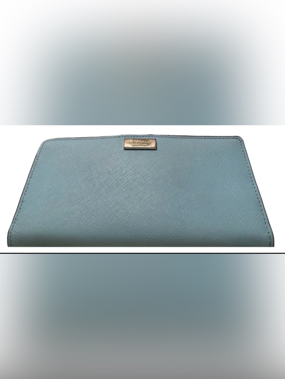 kate spade light blue Saffiano leather wallet with gold logo plaque